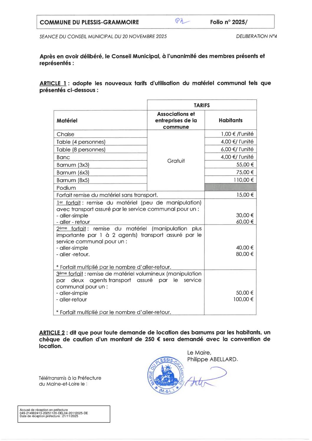 DEL04-20112025 REVISION TARIFS UTILISATION MATERIEL 01 01 2026