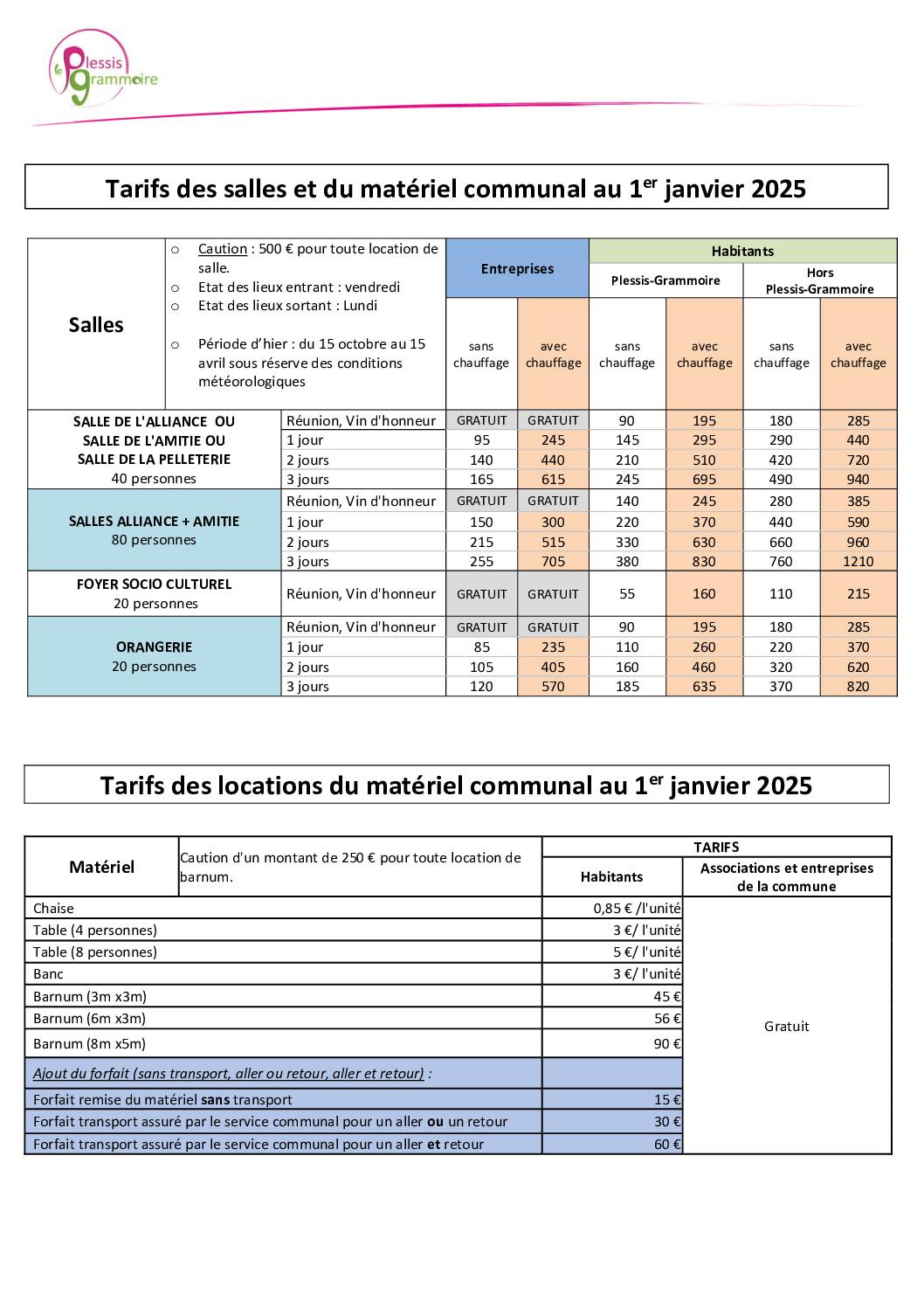 Tarifs location salles matériels VF