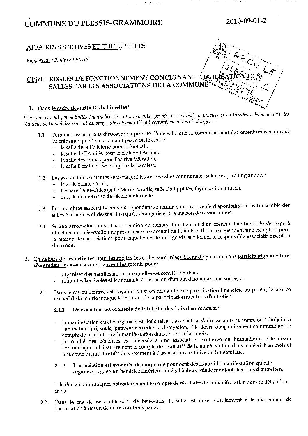 Délibération 2010-09-01-2 Règlement salles associations
