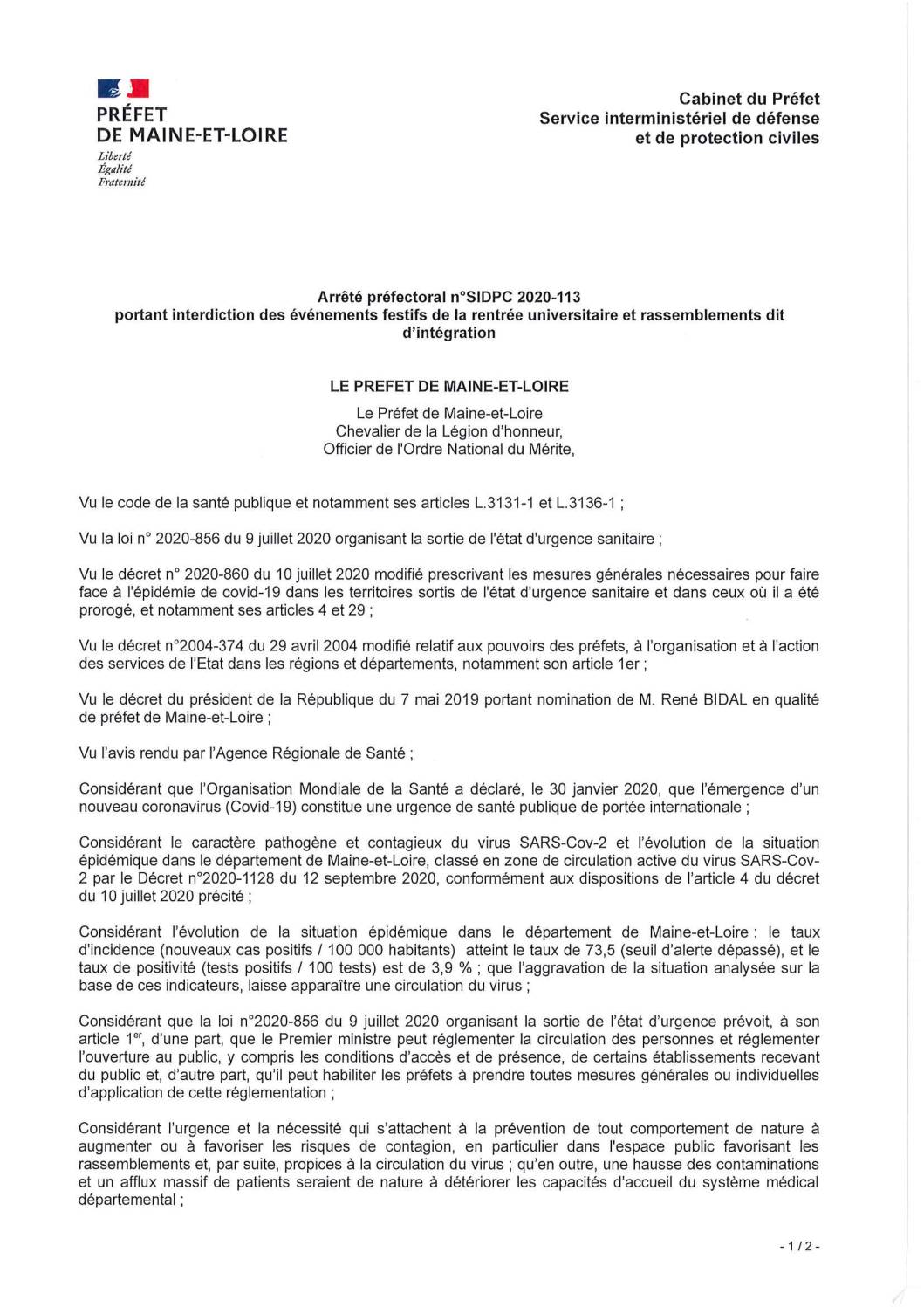 AP n°SIDPC 2020-113 événements rentrée universitaire