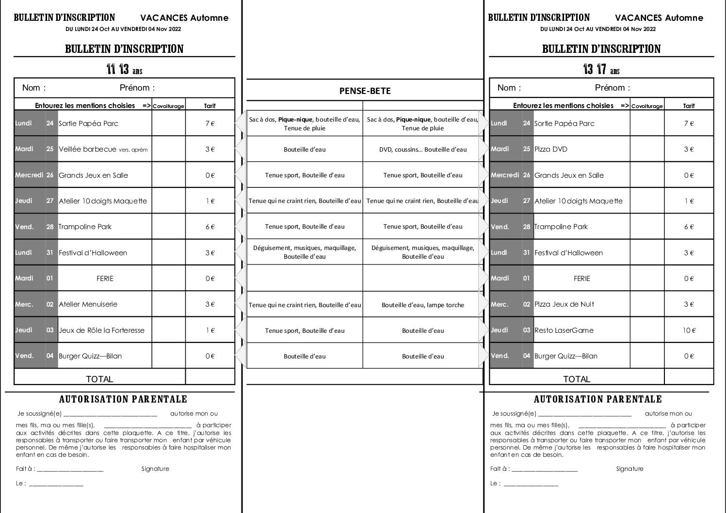 Bulletin d’inscription vacances automne 2022