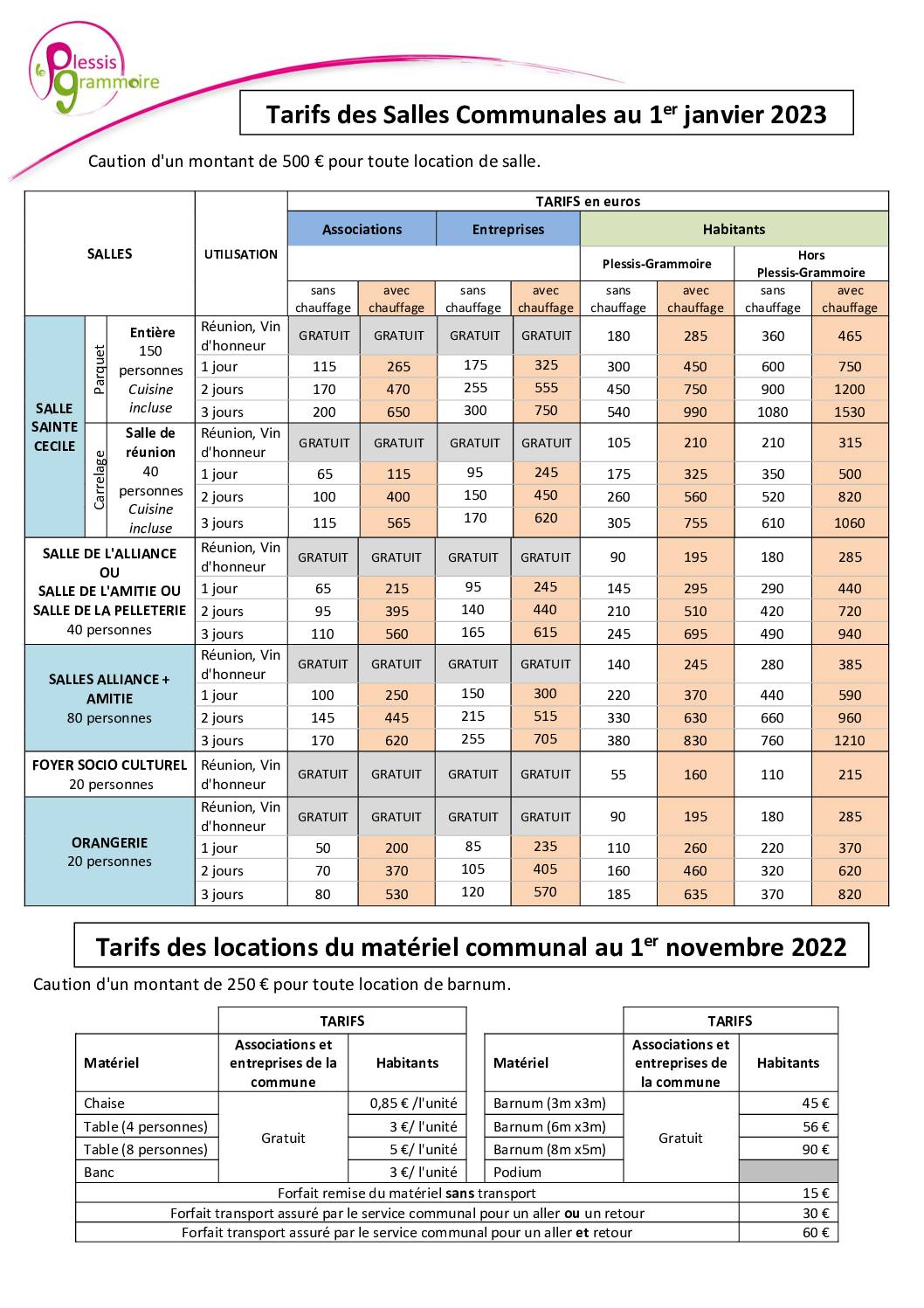 Tarifs location salles matériels affichage